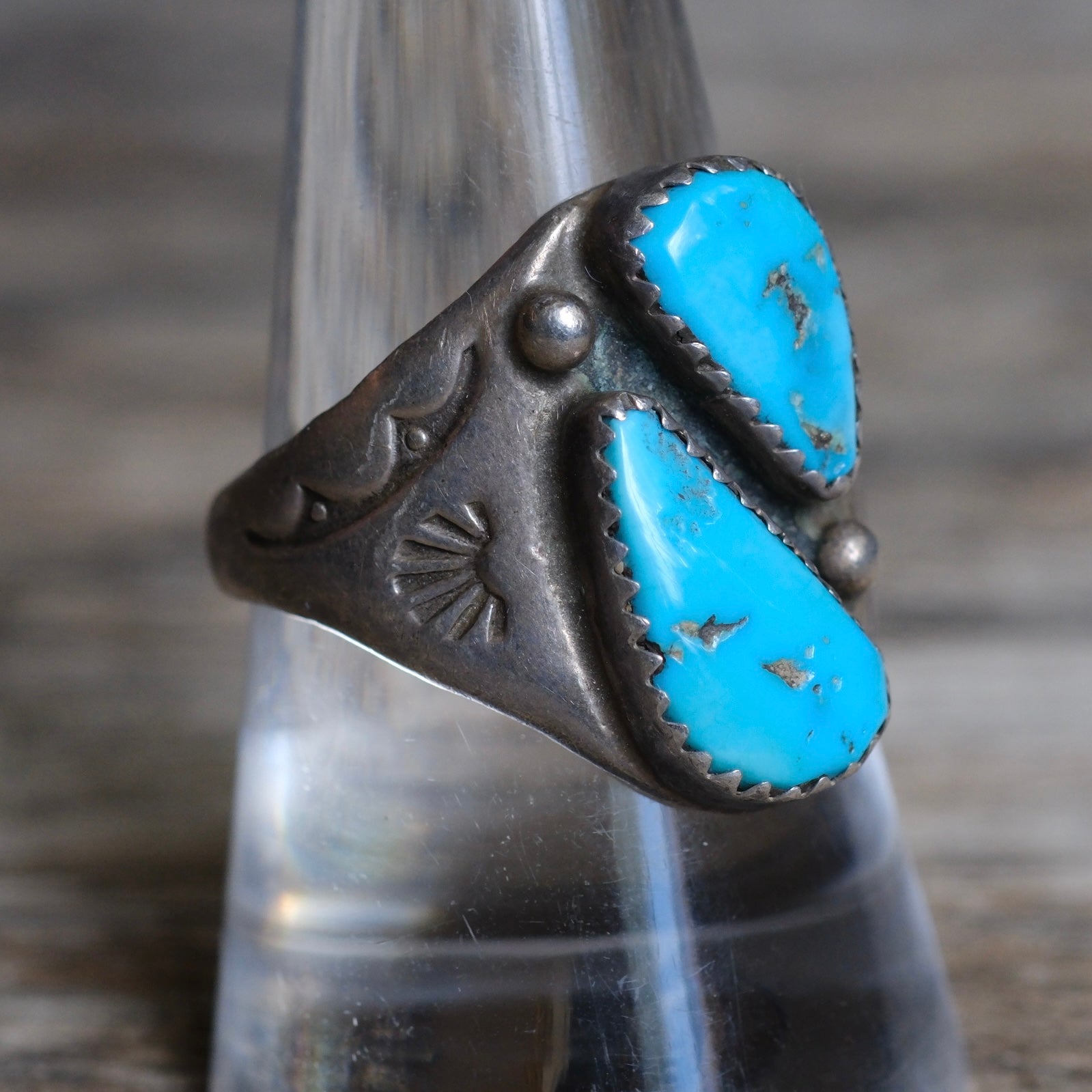 Vintage Sterling 2-Stone Turquoise Stamped Band Ring 9.25
