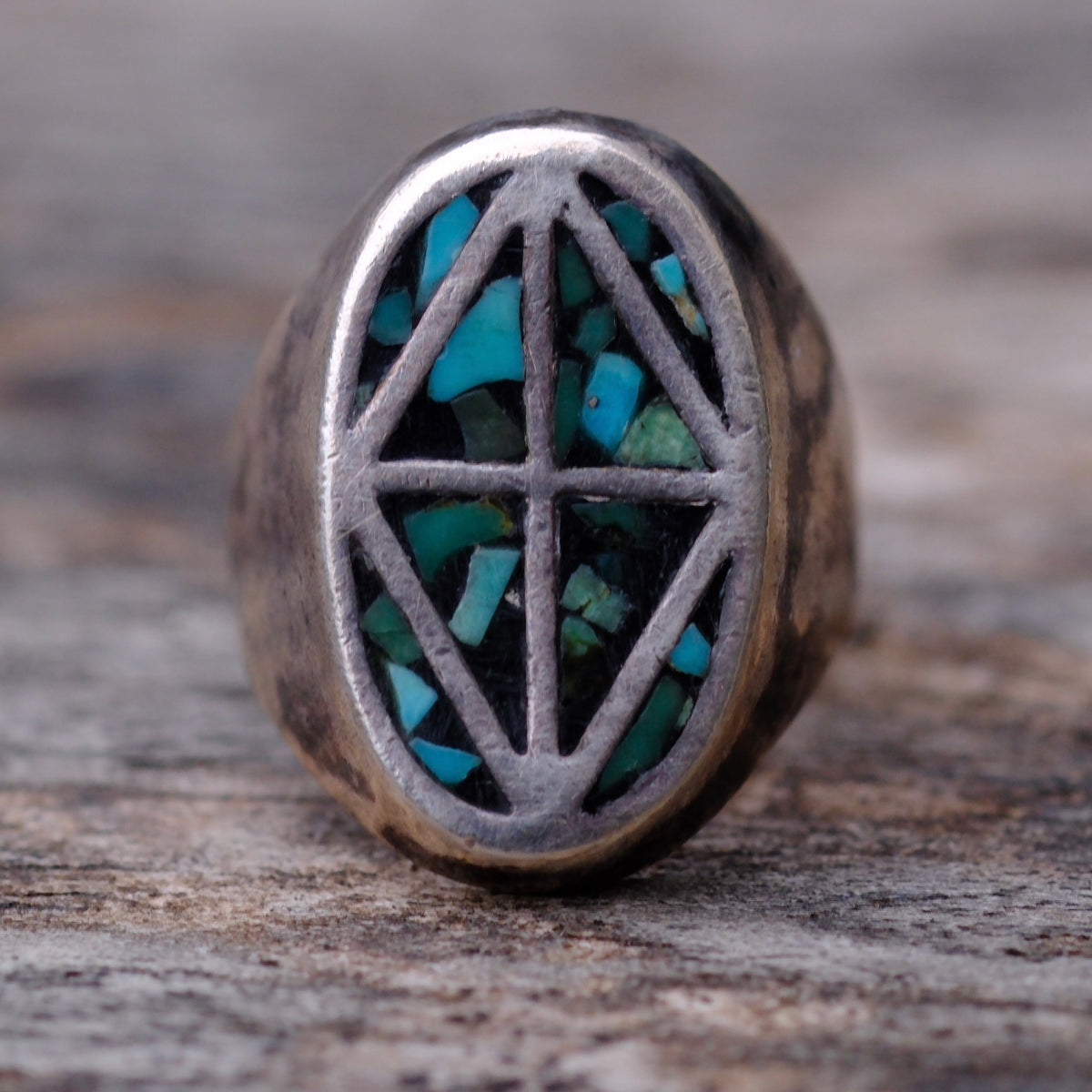 Vintage Sterling Turquoise Chip Inlay Ring 3.5