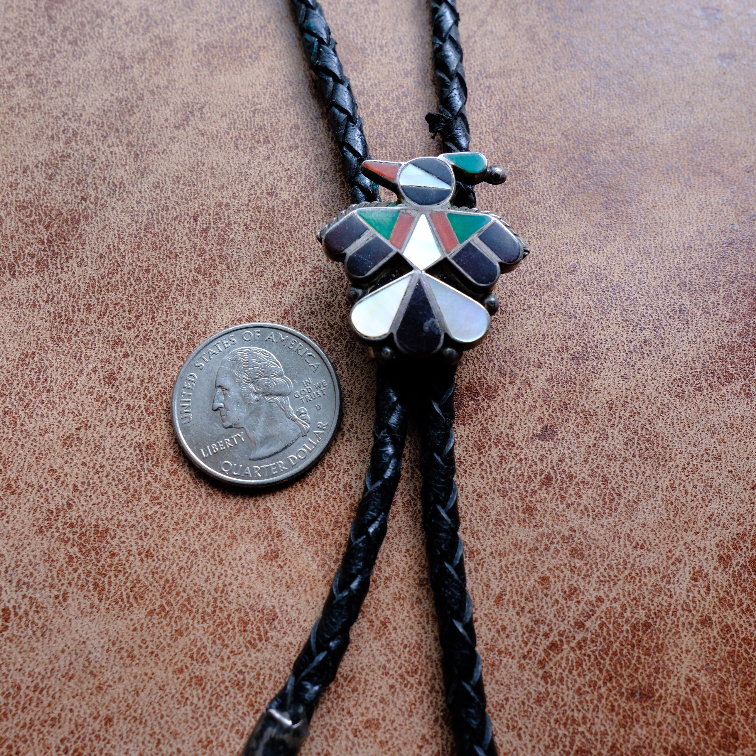 Vintage Sterling Multistone Inlay Thunderbird Bolo Tie