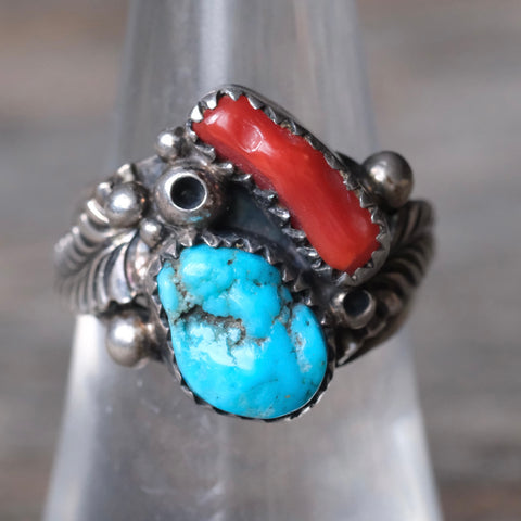 Vintage Sterling Turquoise and Coral Ring 7.25