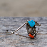 Vintage Sterling Turquoise and Coral Feather Cuff