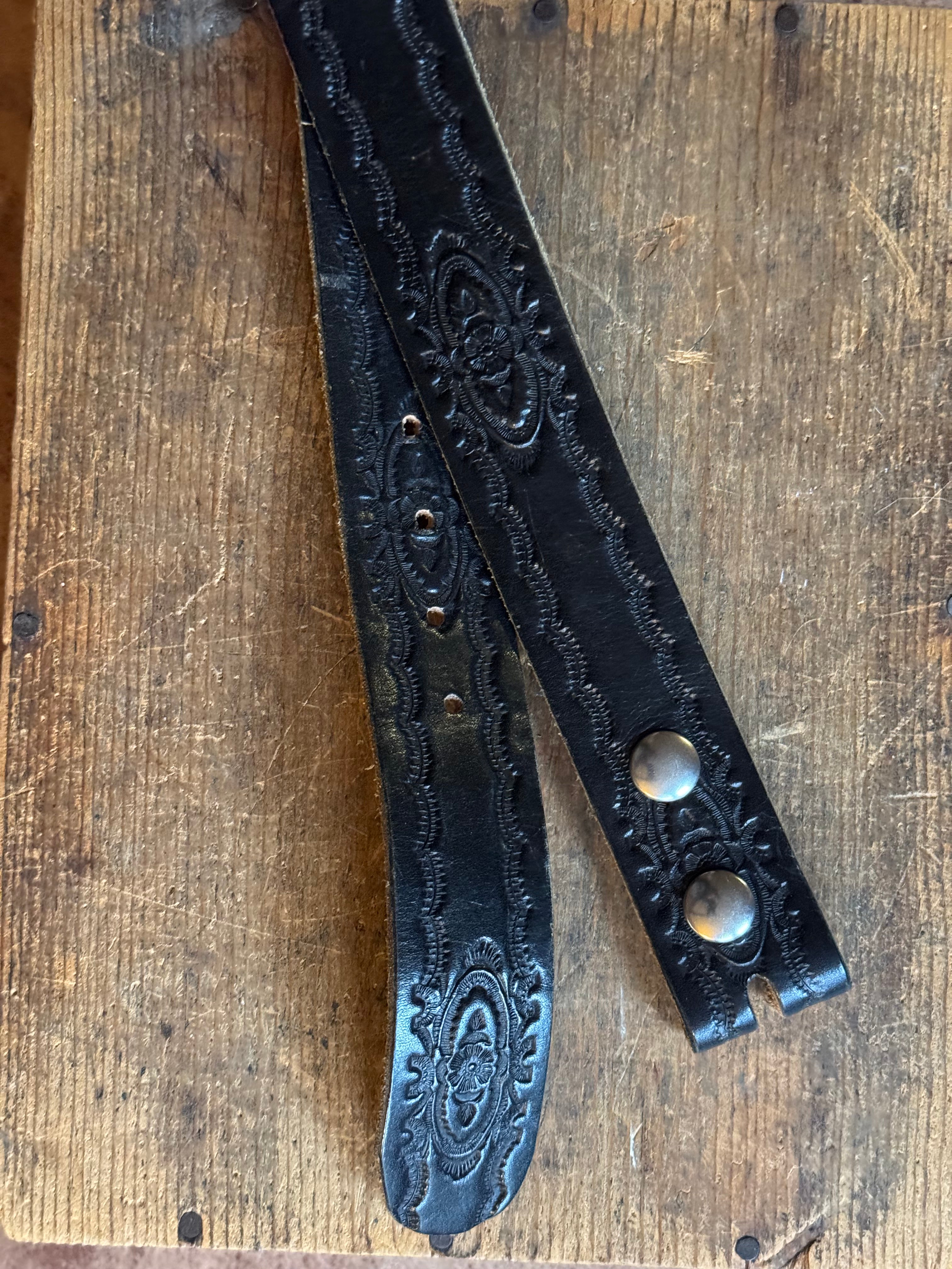Vintage Hand Tooled Black Leather Belt