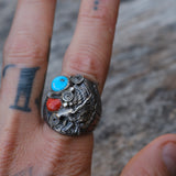 Vintage Sterling Turquoise and Coral Eagle Ring 11
