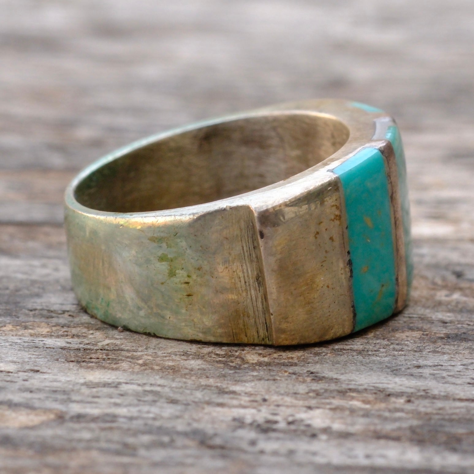 Vintage Sterling Thick Turquoise Inlay Band Ring 8