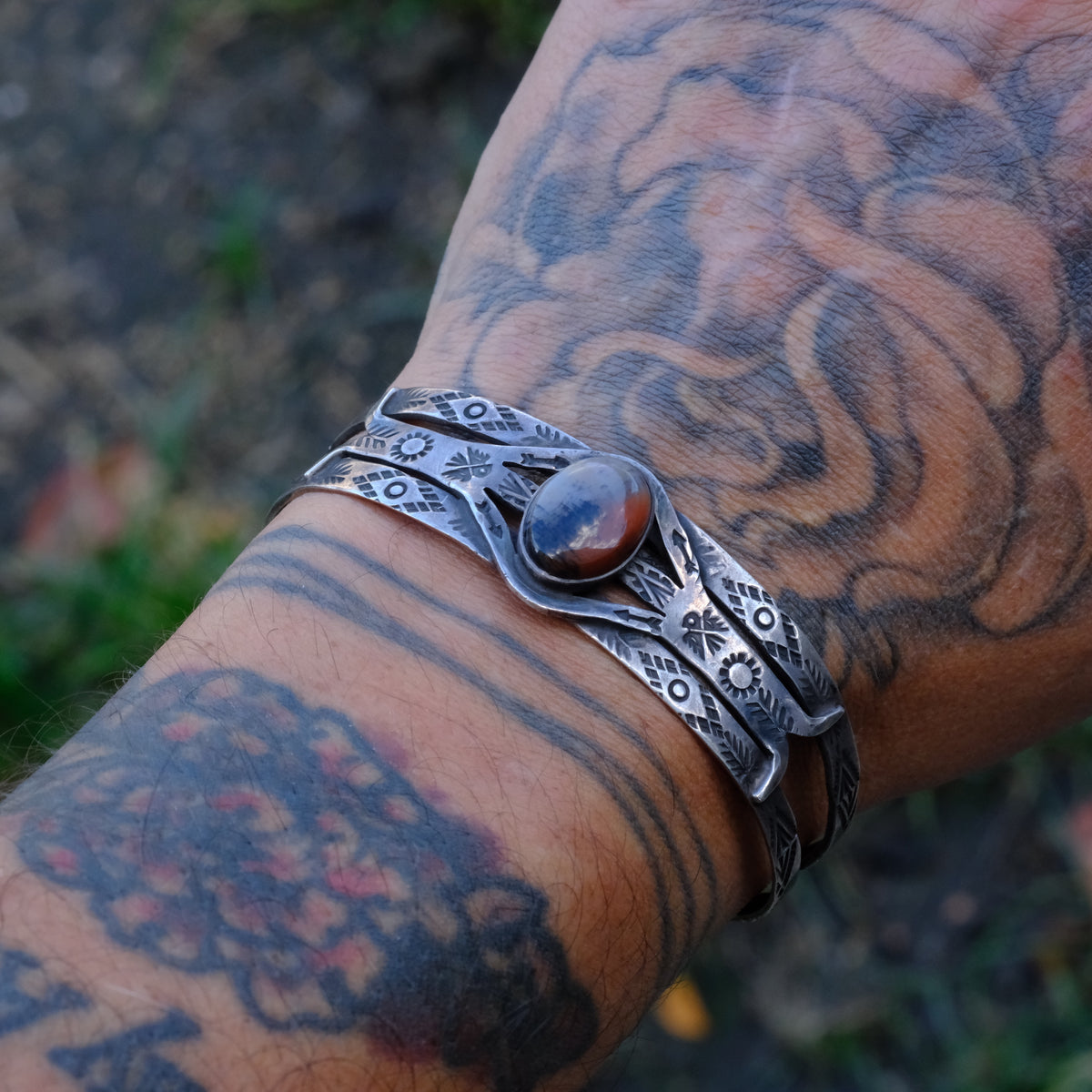 Vintage Sterling Petrified Wood Thunderbird Cuff Bracelet