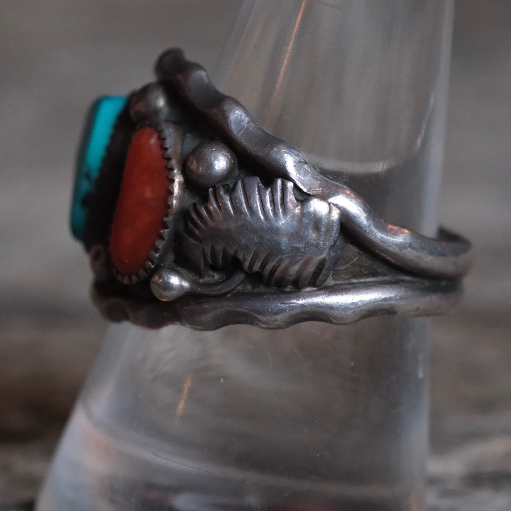 Vintage Sterling Turquoise and Coral Feather Band Ring 9.5