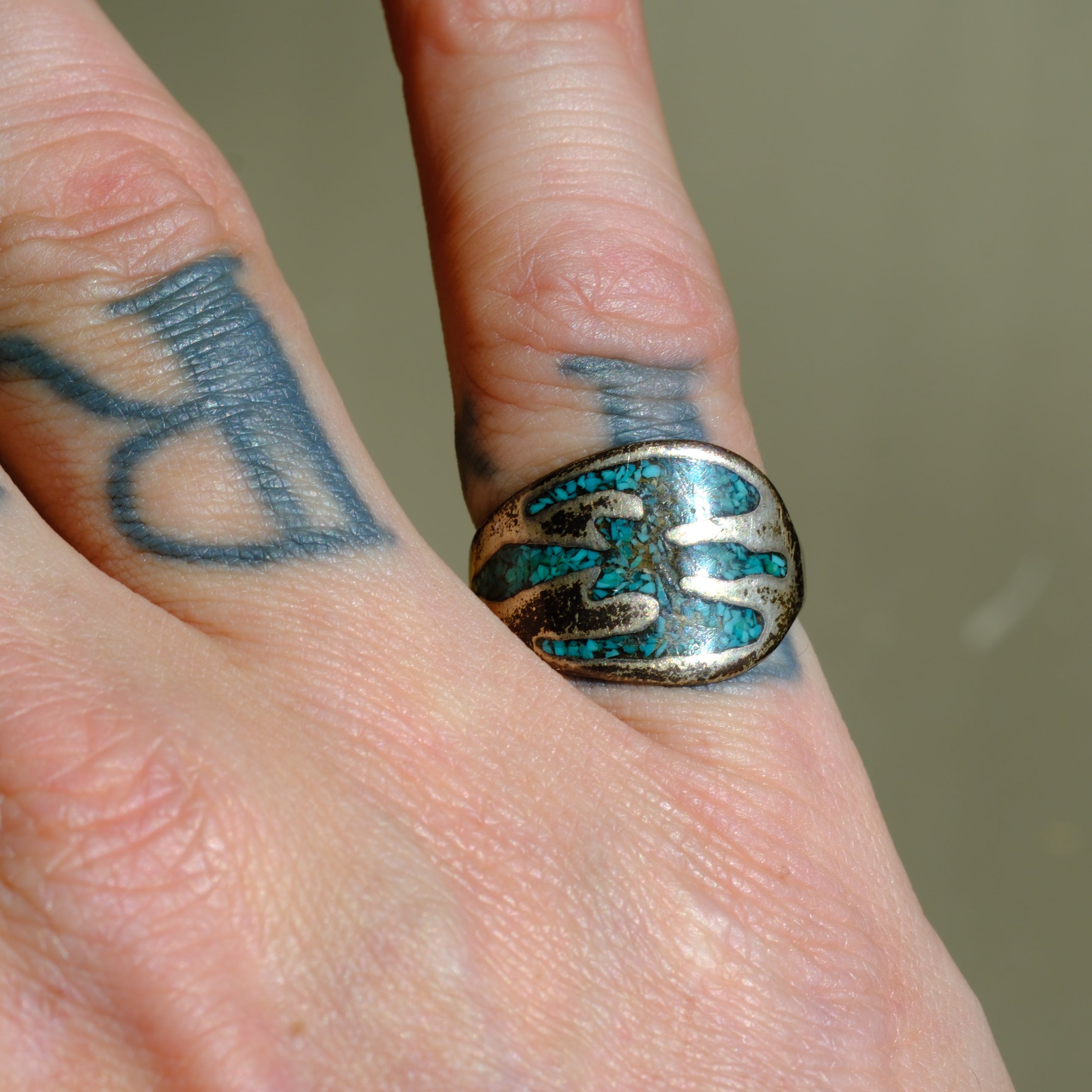 Vintage Sterling Turquoise Inlay Thunderbird Ring 6.5