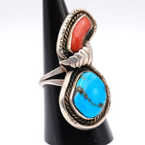 Vintage Sterling Turquoise and Coral Feather Ring 8