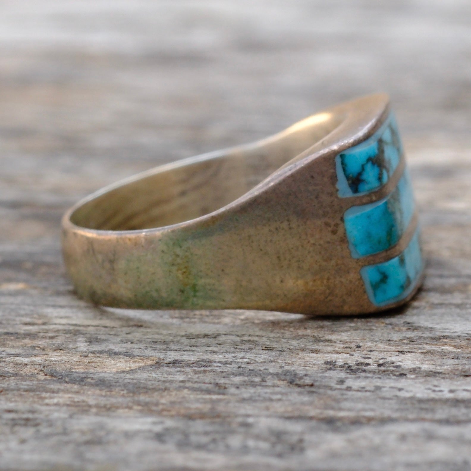 Vintage Sterling Turquoise Inlay Striper Ring 8.75