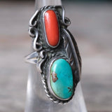 Vintage Sterling Turquoise and Coral Feather Ring 5.25