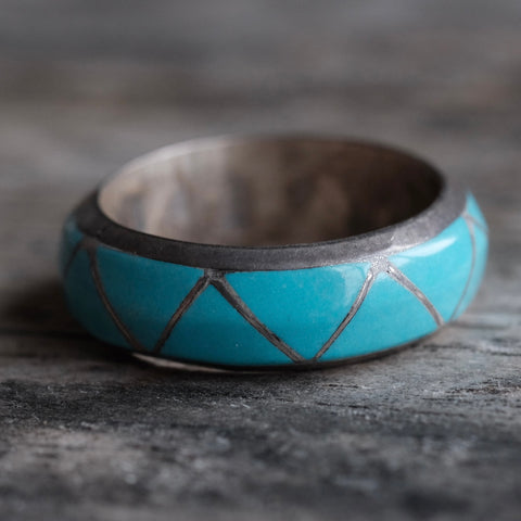 Vintage Sterling Turquoise Inlay Band 5.5