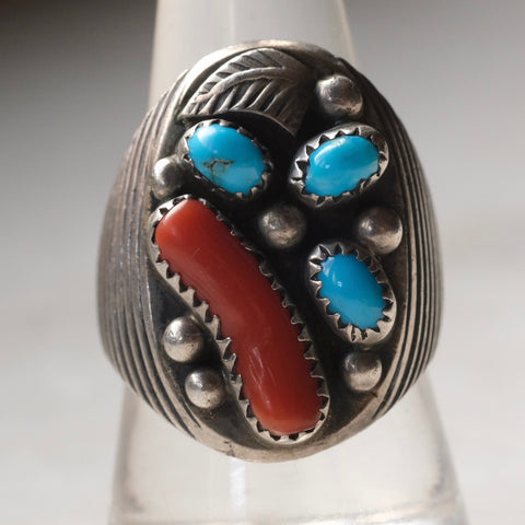 Vintage Sterling Turquoise and Coral Ring 9.5