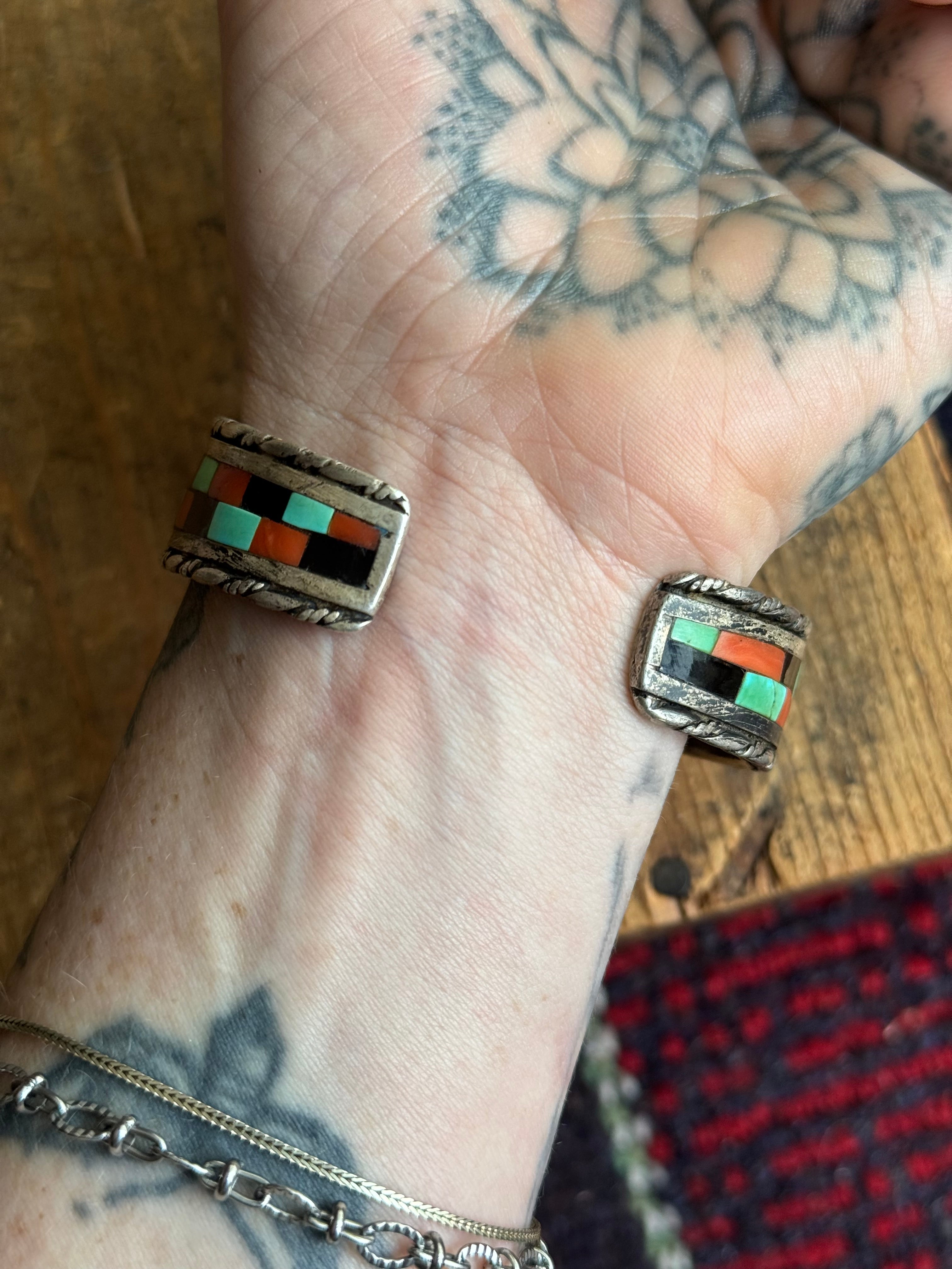 Vintage Sterling Silver Coral Onyx & Turquoise Inlay Cuff