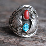 vintage Sterling Turquoise and Coral Feather Ring 12