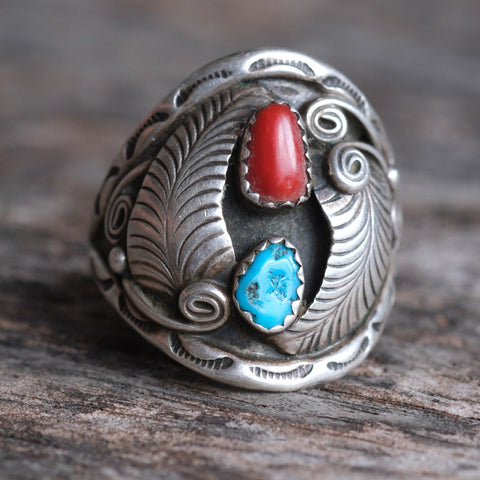 vintage Sterling Turquoise and Coral Feather Ring 12