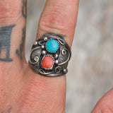 Vintage Sterling Turquoise and Coral Feather Ring 10.5