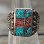 Vintage Sterling Turquoise and Coral Inlay Ring 6.75