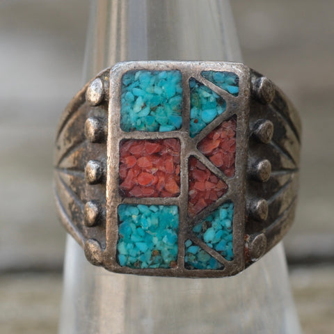 Vintage Sterling Turquoise and Coral Inlay Ring 6.75