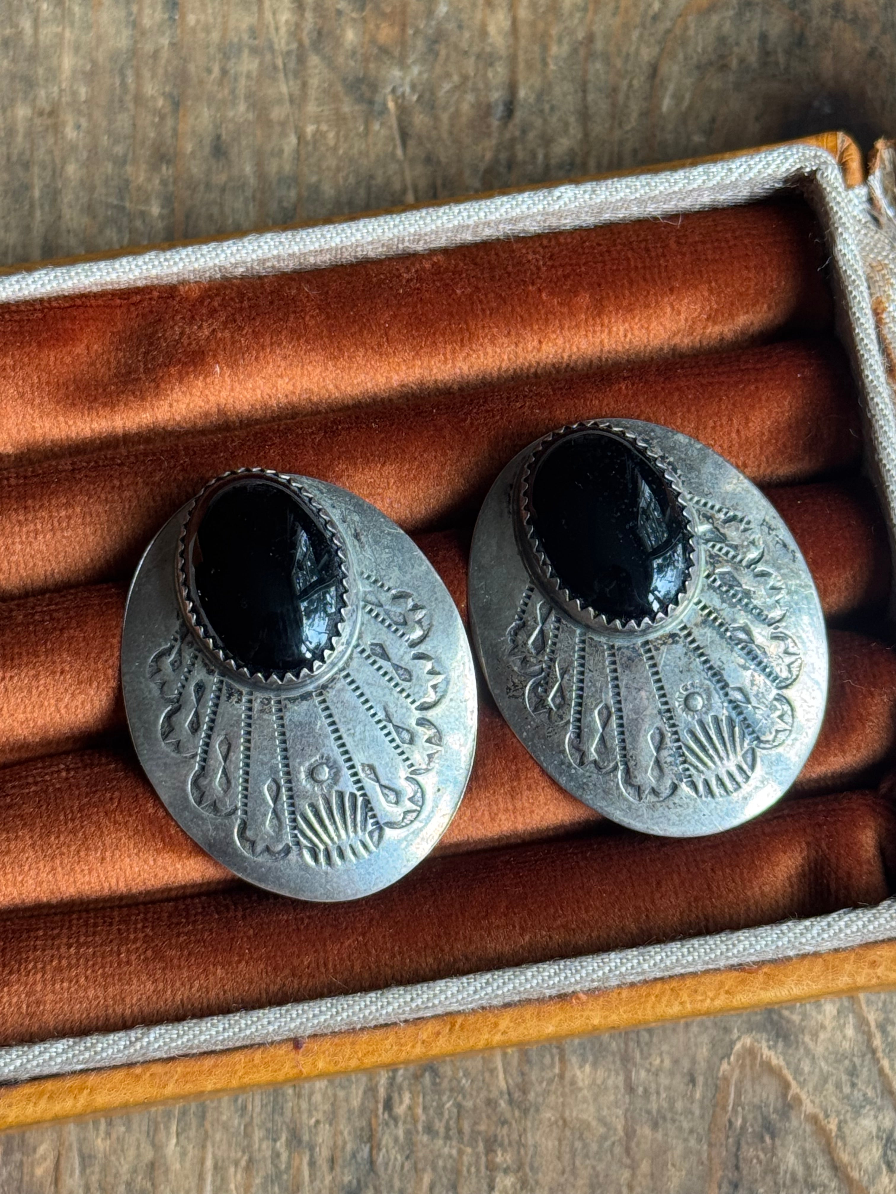 Vintage Sterling Silver Onyx Stamped Concho Earrings