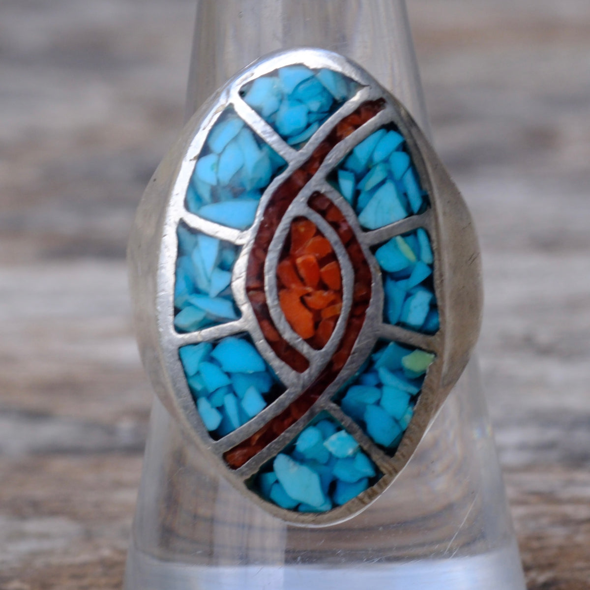 Vintage Sterling Turquoise and Coral Inlay Hummingbird Ring 8.5