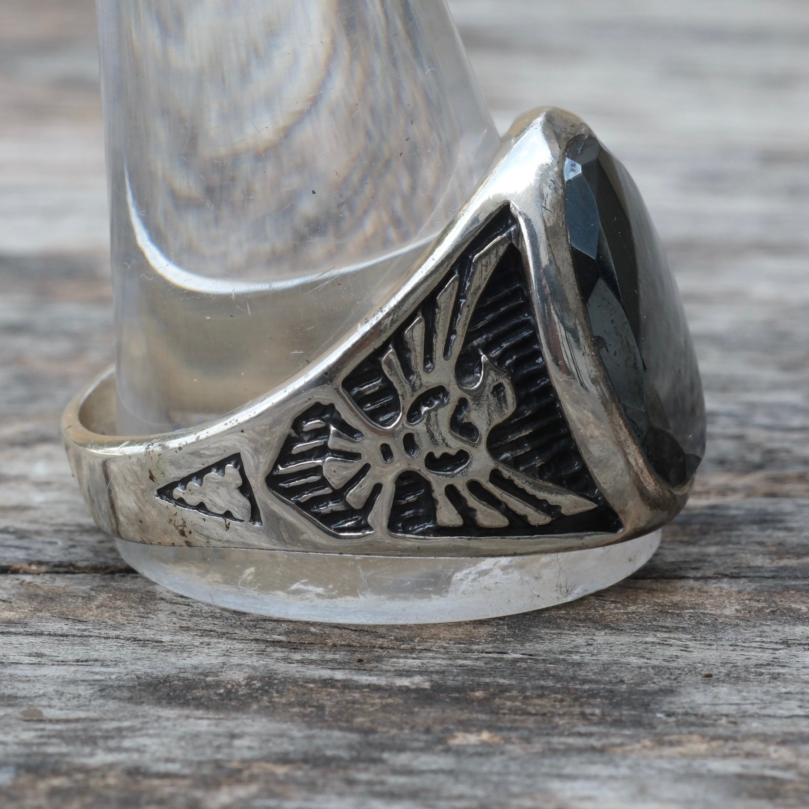 Vintage Sterling Hematite Thunderbird Ring 15