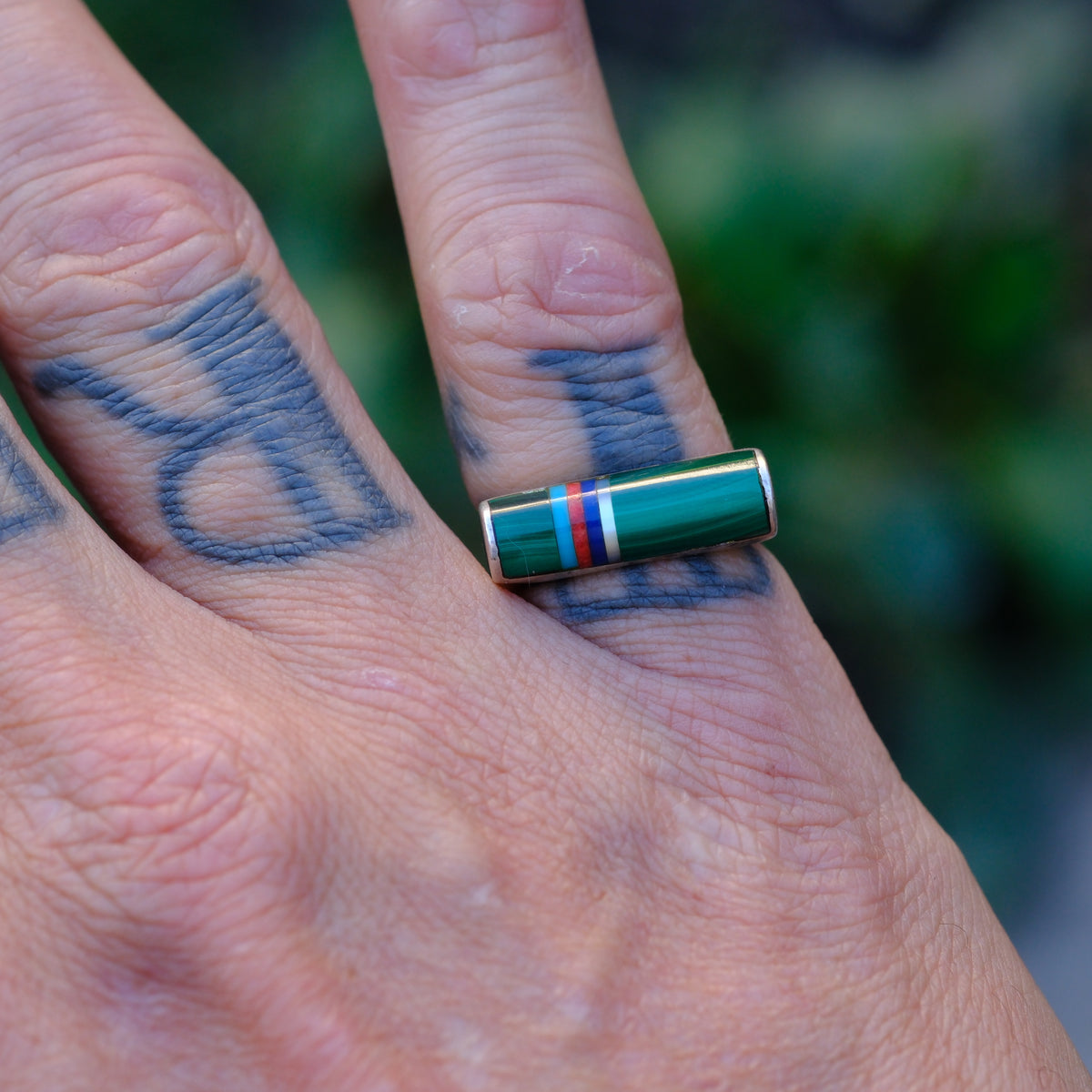 Vintage Sterling Multistone Inlay Malachite Band Ring 6