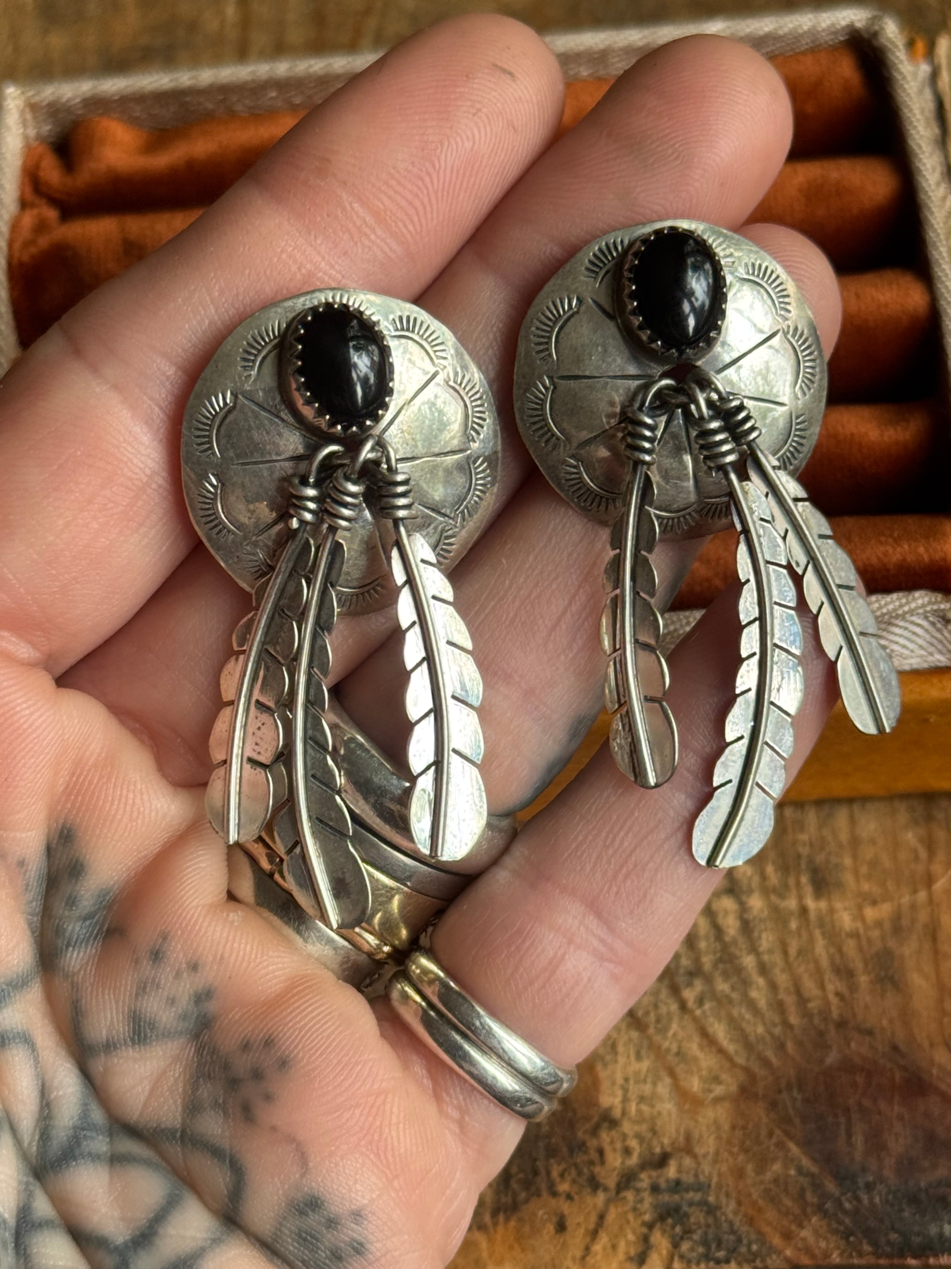 Vintage Sterling Silver Onyx Feather Concho Earrings