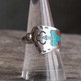 Vintage Sterling Crushed Turquoise and Coral Thunderbird Overpass Ring 8.75