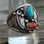 Vintage Sterling Turquoise and Coral Feather Ring 10.5