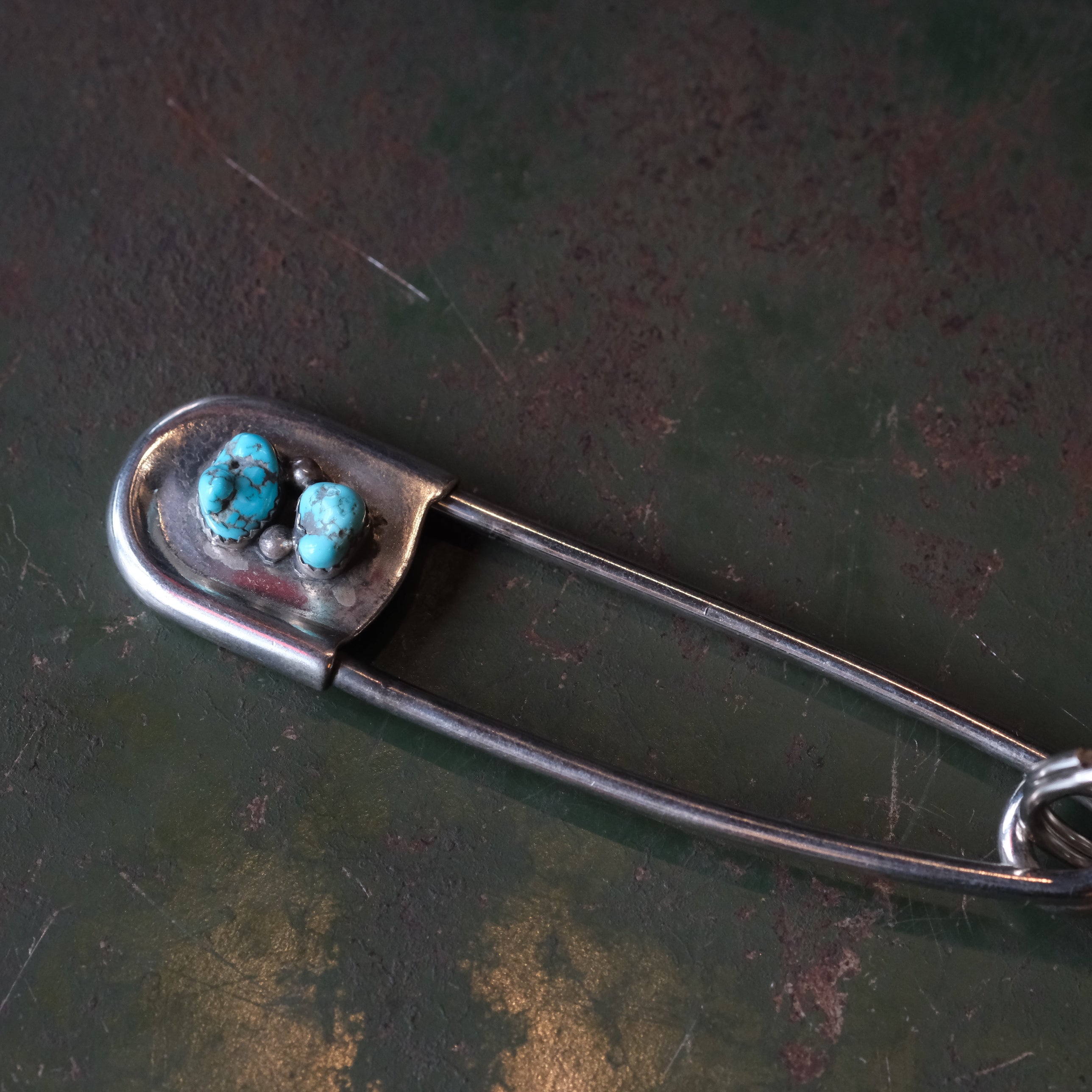 Vintage 2-Stone Turquoise Safety Pin Keychain 3"