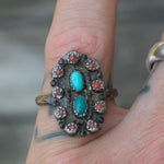 Vintage Sterling Turquoise and Coral Cluster Ring 6.75