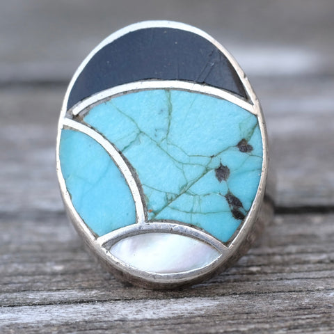 Vintage Sterling Turquoise Onyx and MOP Inlay Ring 8