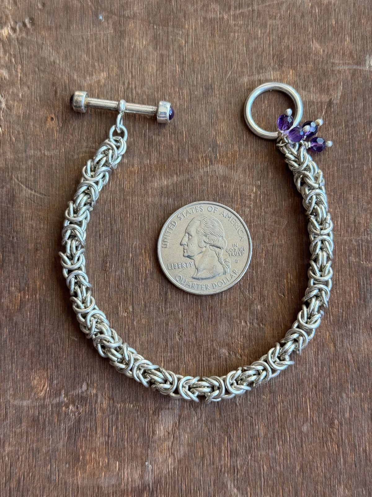 Vintage Sterling Silver 7.5” Amethyst Byzantine Toggle Chain Bracelet