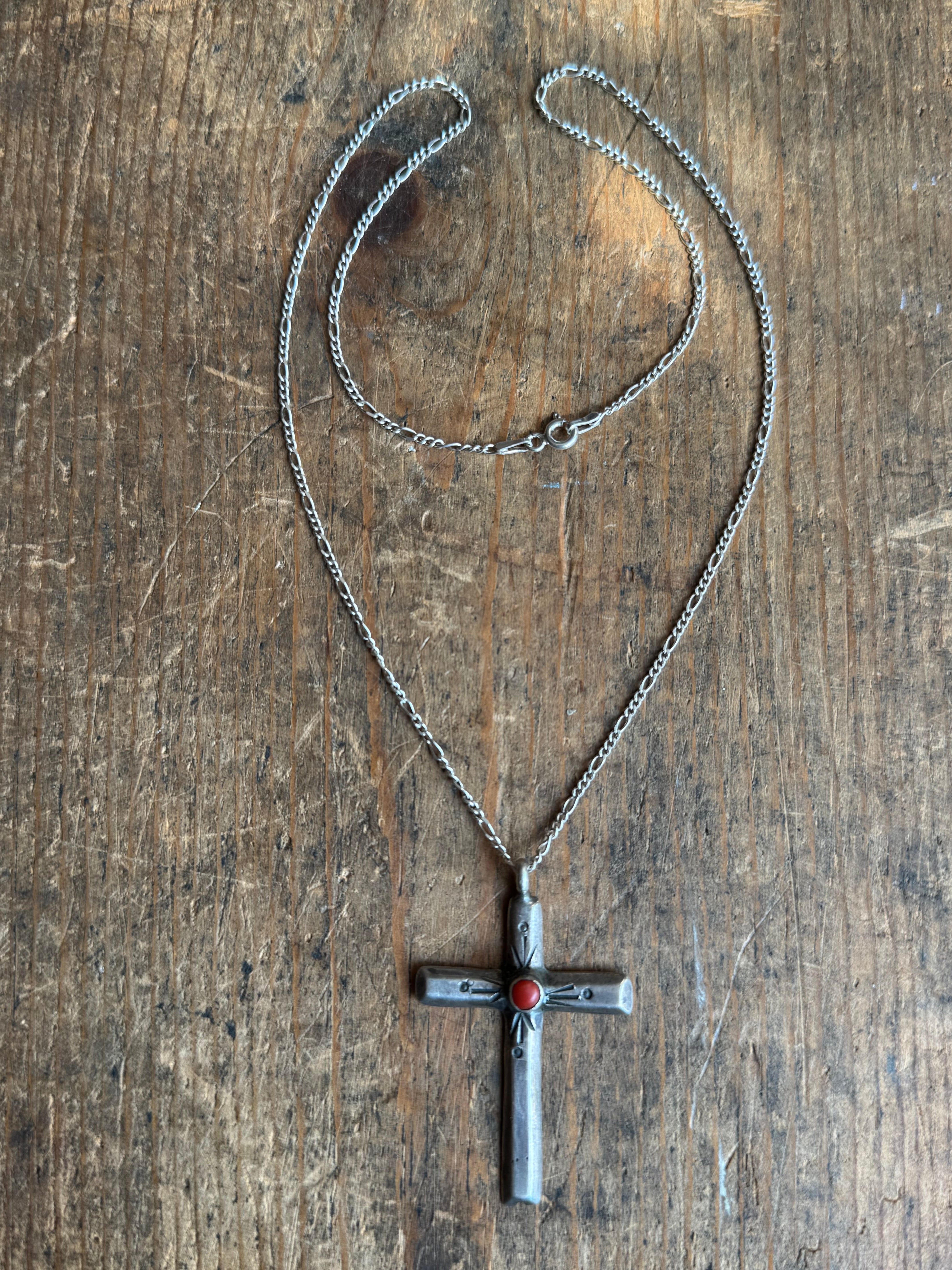 Vintage Sterling Silver Stamped Coral Cross 18" Necklace