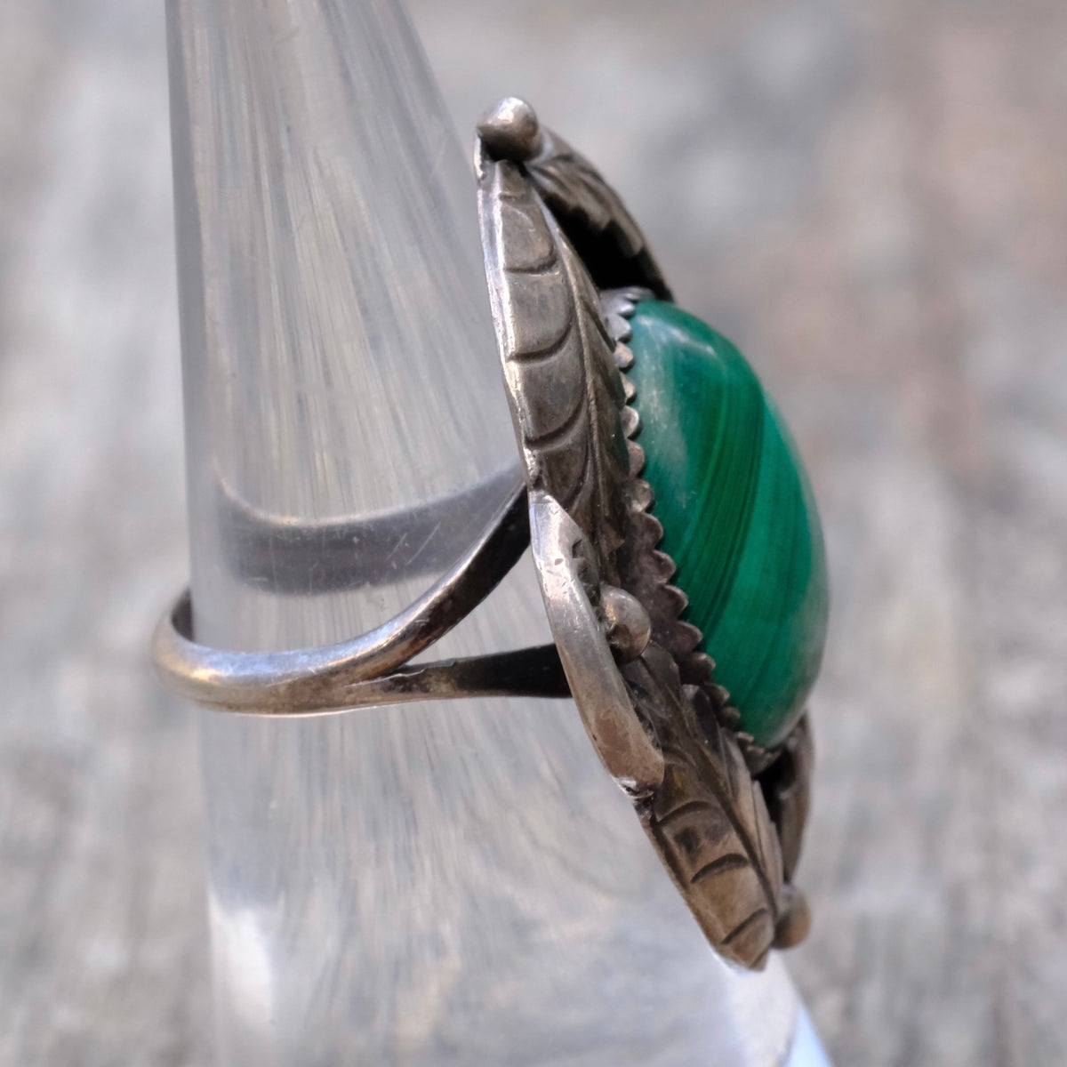Vintage Sterling Malachite Feather Ring 6