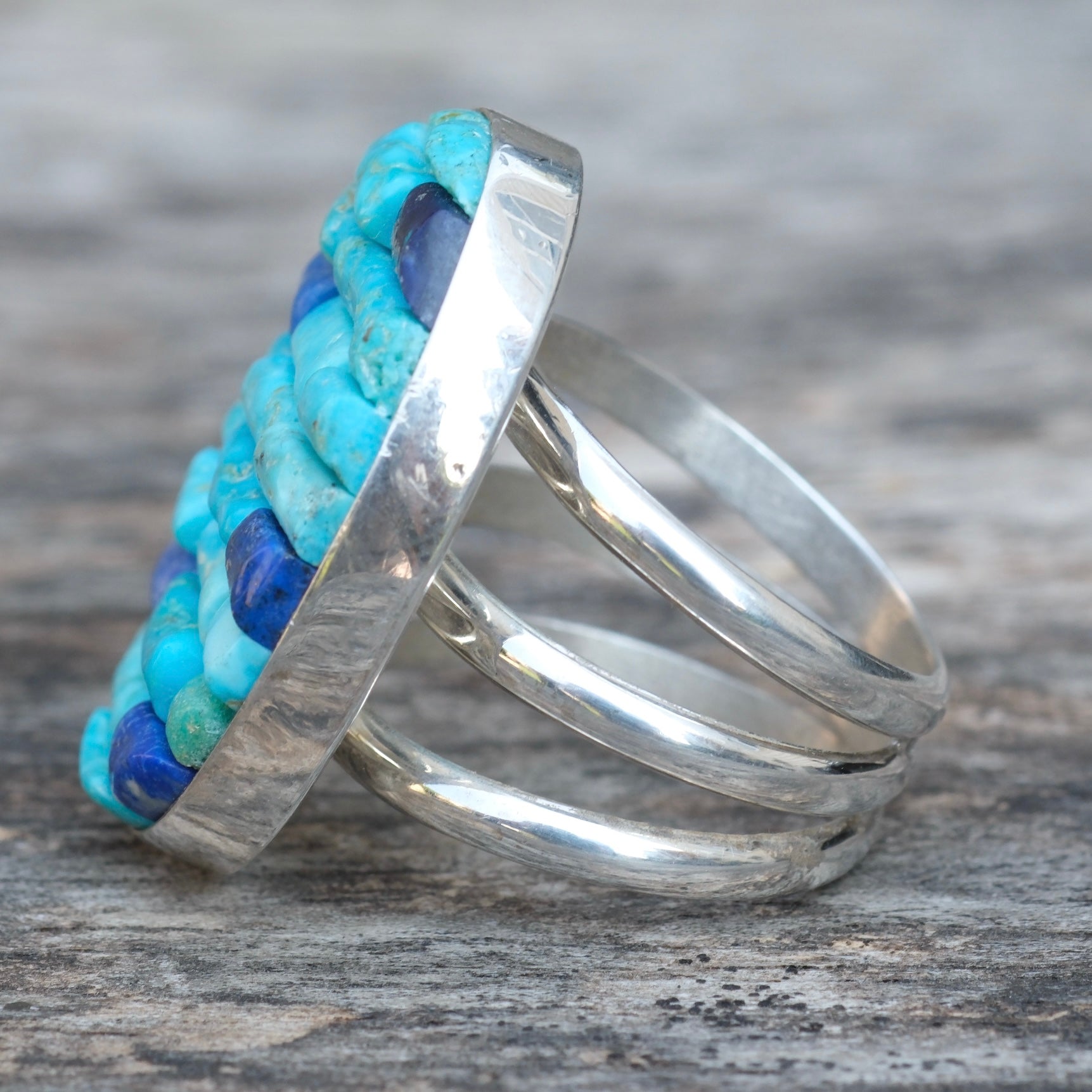 Vintage Sterling Turquoise Inlay Row Ring 8