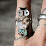 Vintage Sterling Multi Stone Inlay Owl Ring 5.5