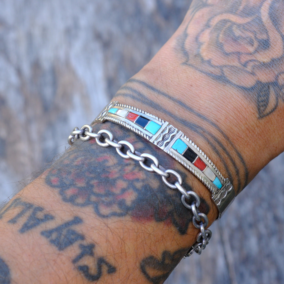 Vintage Sterling Multistone Inlay Cuff Bracelet