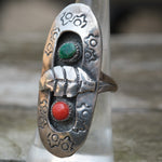 Vintage Sterling Turquoise and Coral Feather  Shadowbox Ring 7.5