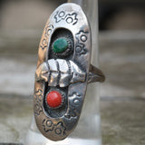 Vintage Sterling Turquoise and Coral Feather  Shadowbox Ring 7.5