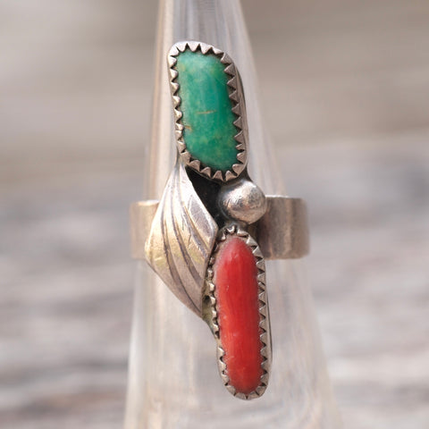 Vintage Sterling Turquoise and Coral Feather Ring 5