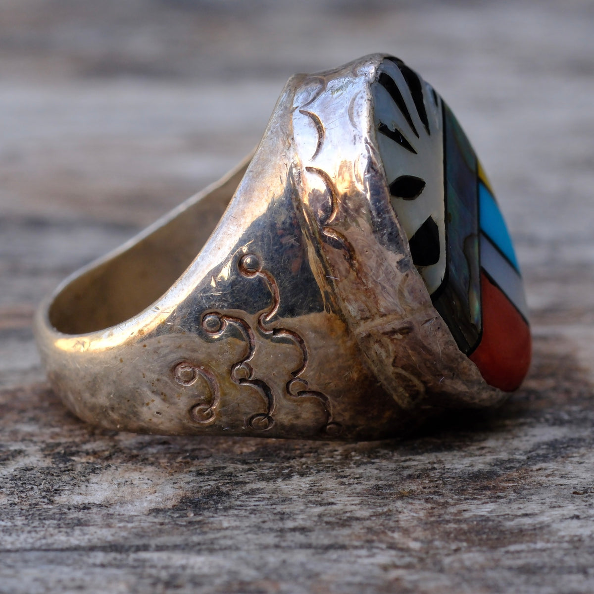 Vintage Sterling Multi Stone Inlay Stamped Band Ring 8.75