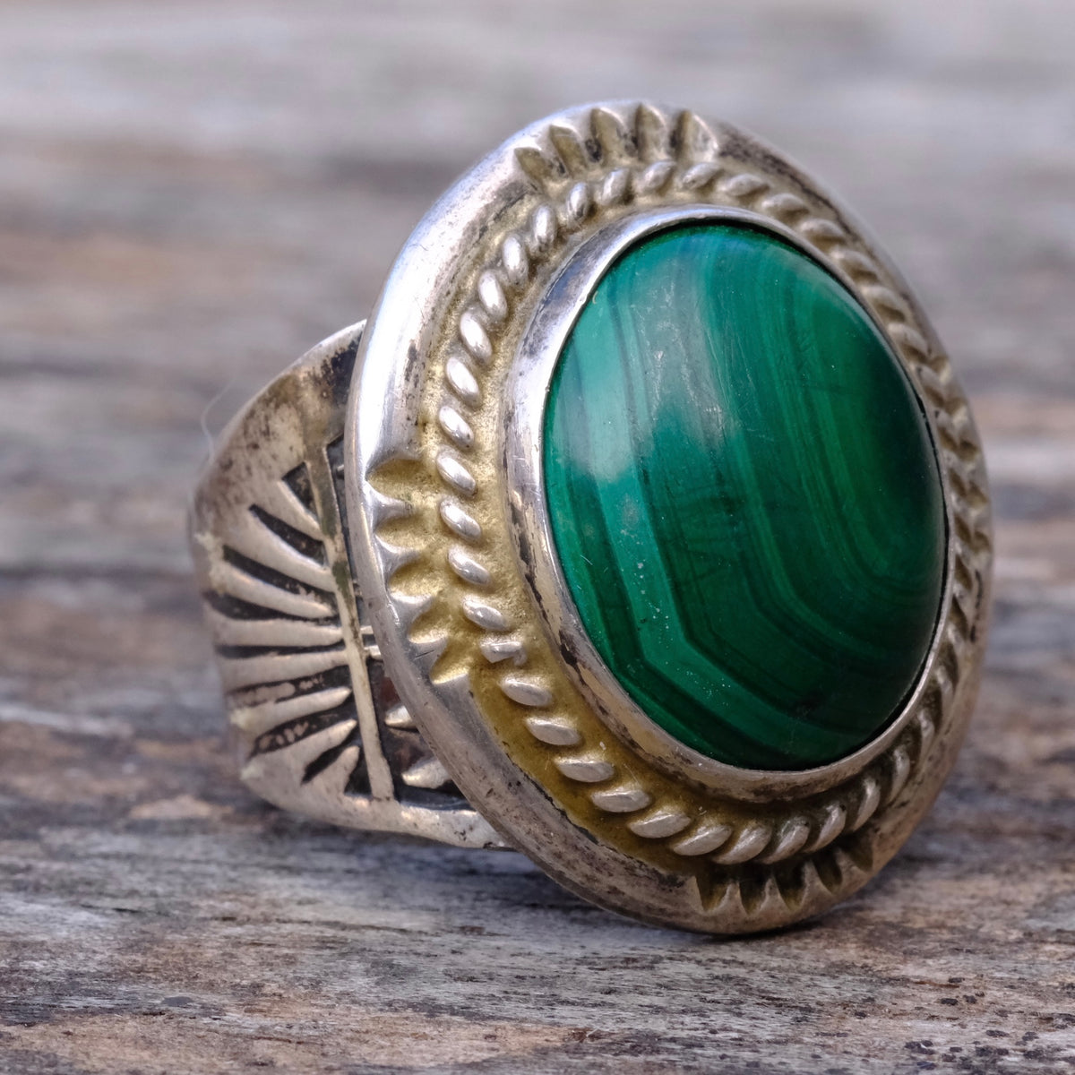 Vintage Sterling Malachite Stamped Band Ring 7.75