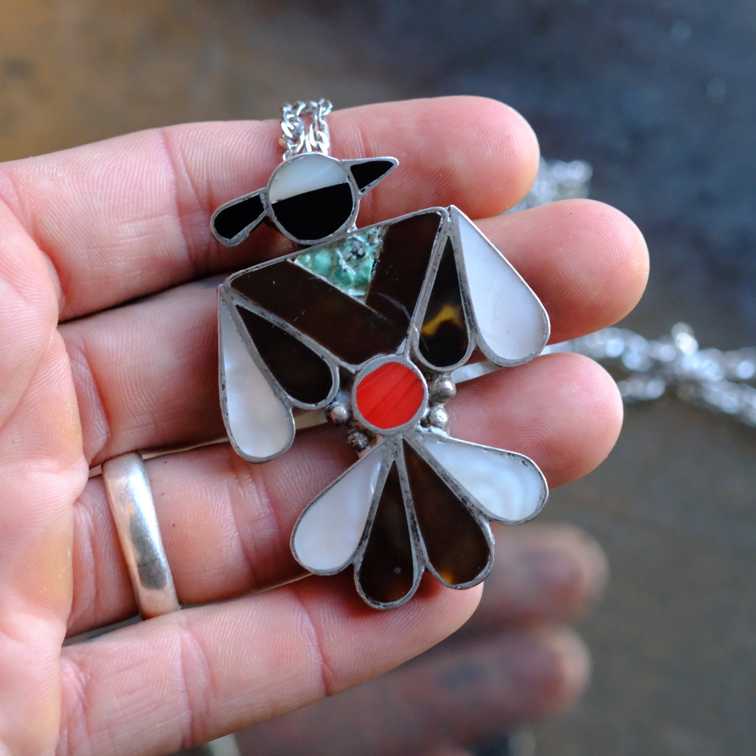 HUGE Vintage Sterling Thunderbird Inlay Necklace