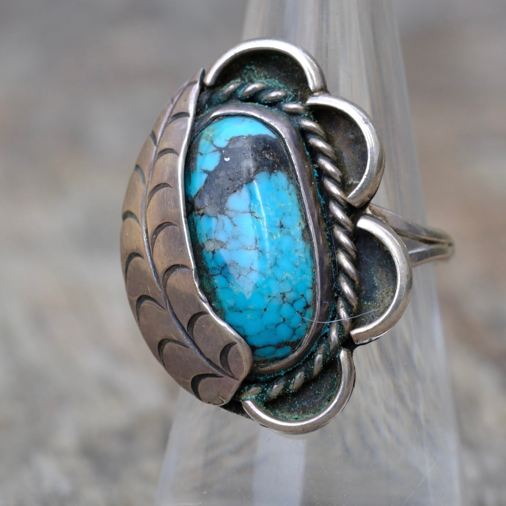 Vintage Sterling Turquoise Feather Ring 7