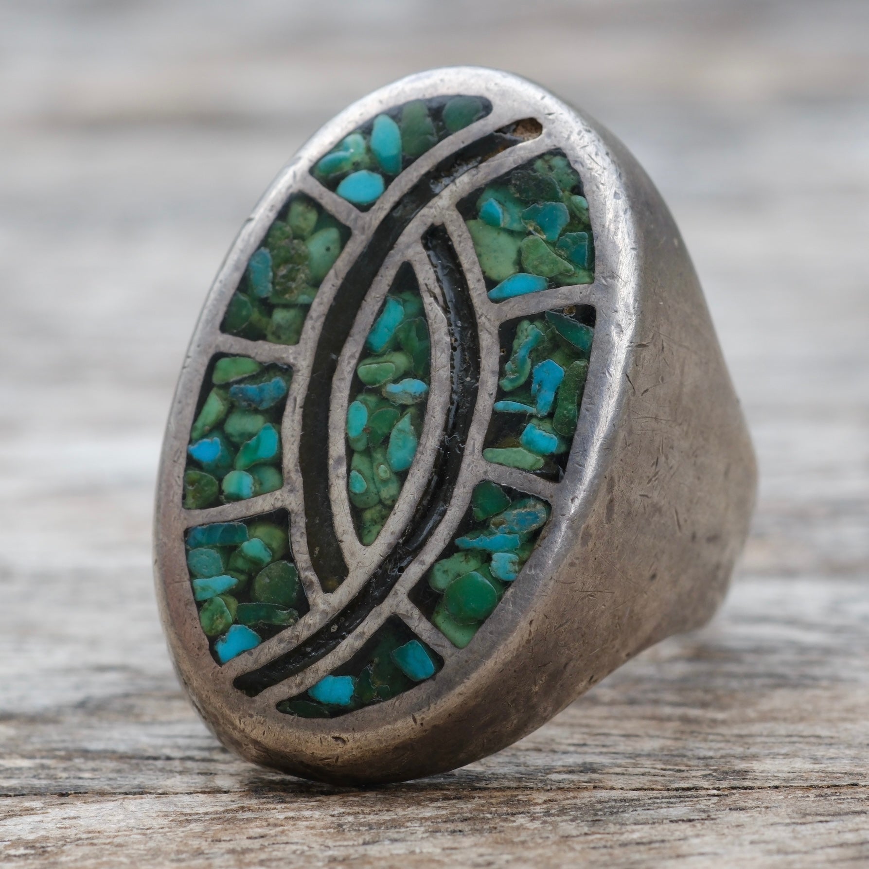 Vintage Sterling Crushed Turquoise Hummingbird Inlay Ring 9.25
