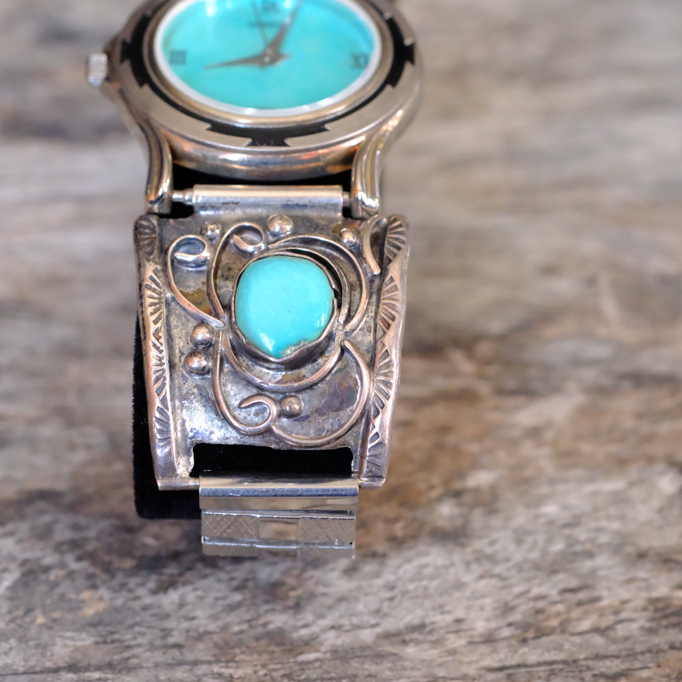 Vintage Sterling Turquoise Watch With Turquoise Dial