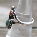 Vintage Sterling Turquoise and Coral Feather Ring 7.75