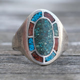 Vintage Sterling Turquoise and Coral Inlay Ring 12