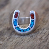 Vintage Sterling Turquoise and Coral Inlay Horseshoe Ring 4